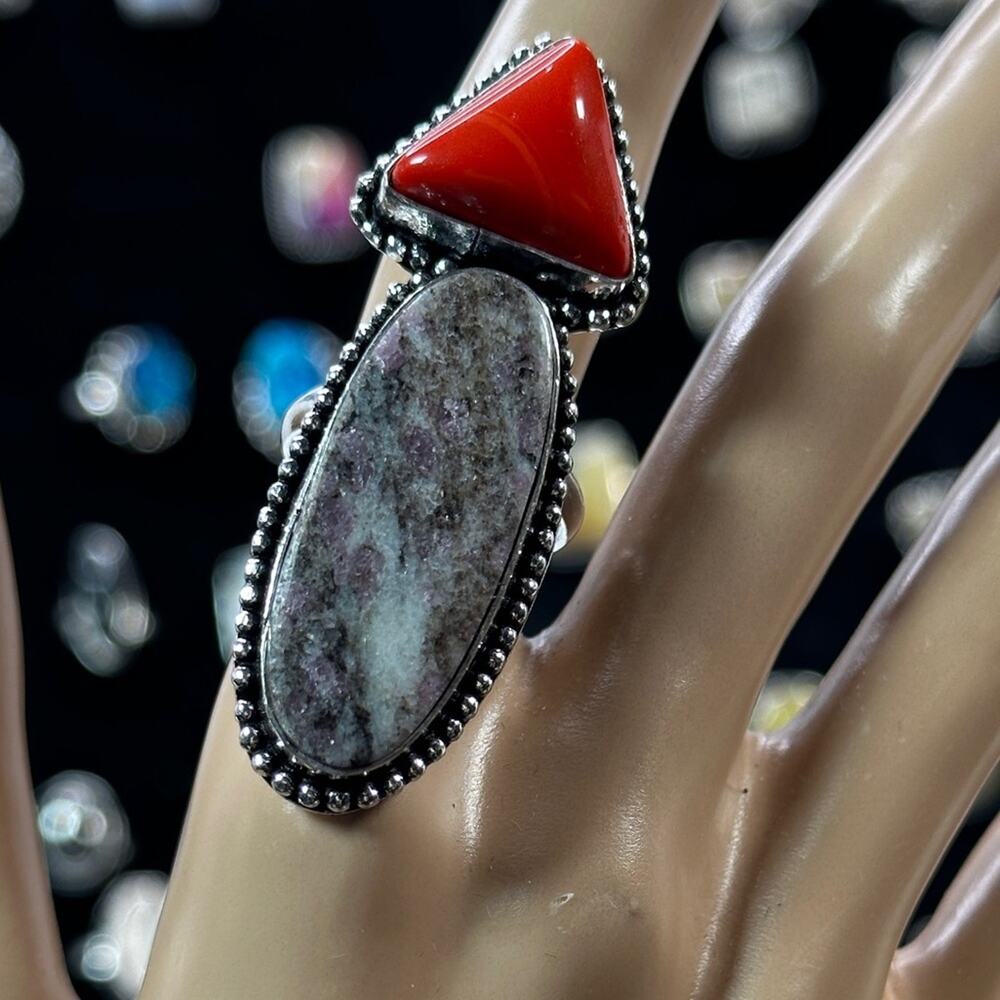 Ruby and fieldspar and coral double stone ring, silver plated, size 9